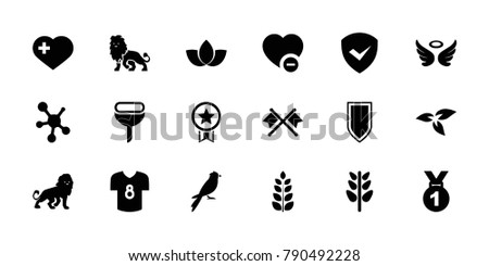 Emblem icons. set of 18 editable filled emblem icons: plant, lion, wings, medal, heart with cross, minus favorite, football t shirt, crossed flags, shield, sparrow, lotus