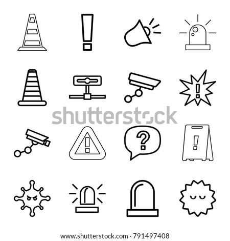 Attention icons. set of 16 editable outline attention icons such as cone barrier, siren, security camera, bacteria, exclamation, camera, exclamation point, security camera