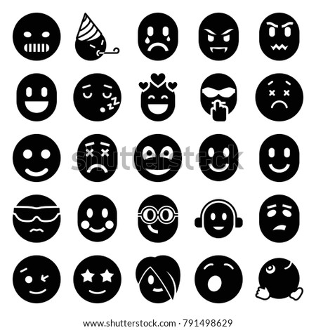 Emotion icons. set of 25 editable filled emotion icons such as smile, wink emot, cool emot in sunglasses, happe emoji with star eyes, dancing emoji, smiley