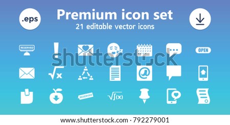 Message icons. set of 21 editable filled message icons includes square root, pin, apple download, phone with heart, love letter, communication, chat, exclamation point