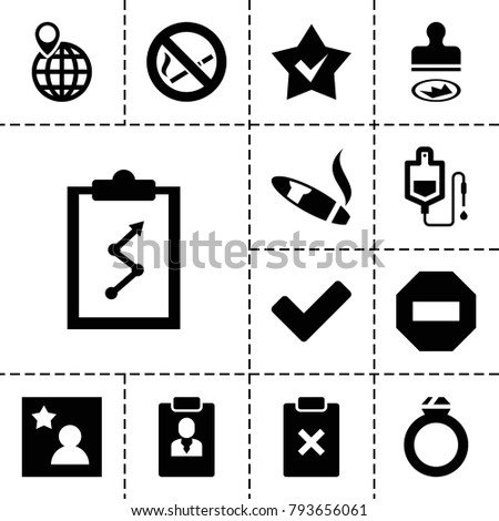 Mark icons. set of 13 editable filled mark icons such as clipboard with chart, drop counter, tick, minus, favorite photo, ring, stamp, cigarette, star, no smoking, clipboard