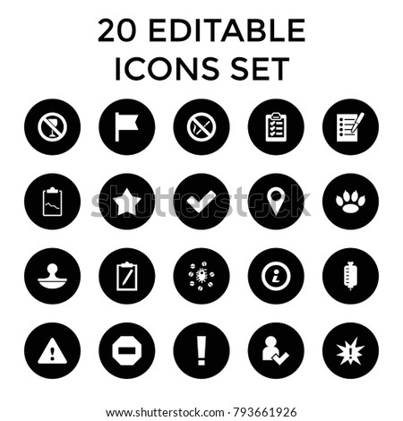 Mark icons. set of 20 editable filled mark icons such as paw, clipboard, exclamation, tick, virus and pills, star, flag, minus. best quality mark elements in trendy style.