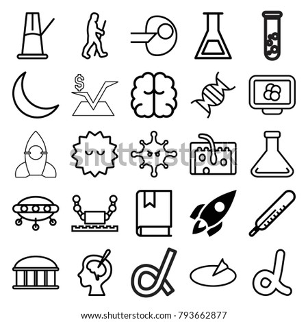 Science icons. set of 25 editable outline science icons such as rocket, observatory, thermometer, brain, alpha, bacteria, core, ufo, robot, atom on display, hair, dna