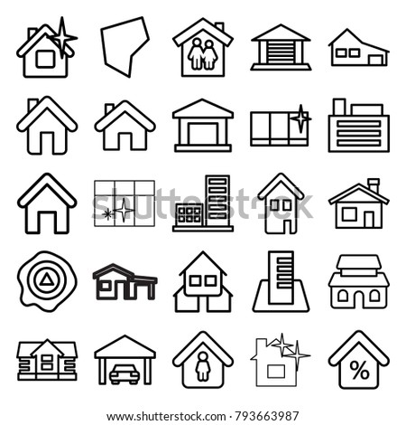 Real icons. set of 25 editable outline real icons such as house building, house, clean window, man in home, arrow up, building, home, land territory, garage