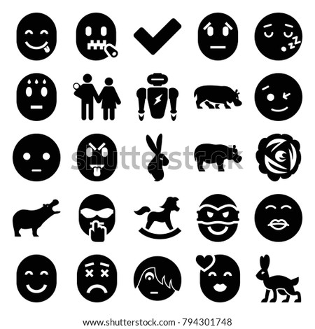 Cute icons. set of 25 editable filled cute icons such as hippopotamus, wink emot, sad emot, couple with newborn, robot, tick, nest, rabbit, ninja