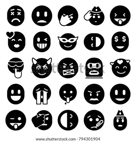 Smiley icons. set of 25 editable filled smiley icons such as emoji in mask, angry emot, emoji showing tongue, laughing emot, crying emoji