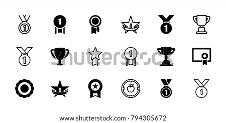 Achievement icons. set of 18 editable filled and outline achievement icons: medal, award, 1st place star, diploma, trophy, number 1 medal, apple target