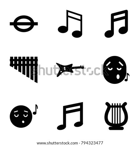 Melody icons. set of 9 editable filled melody icons such as note, emoji listening music, guitar, music note, harmonica