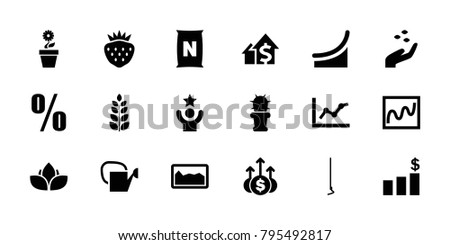 Growth icons. set of 18 editable filled growth icons: hand with seeds, chart, hoe, strawberry, percent, cactus, celebrity, money chart, money up, dolar growth, watering can