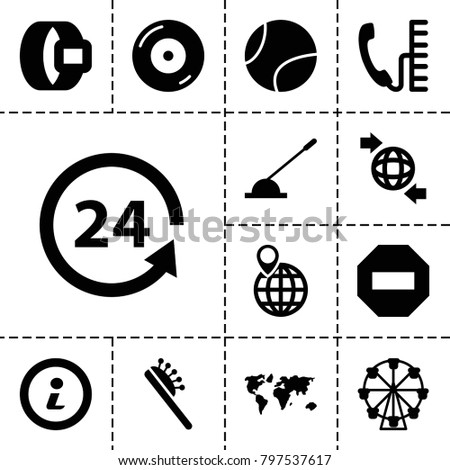 Round icons. set of 13 editable filled round icons such as hair brush, world map, ferris wheel, belt, qround the globe, 24 support, disc on fire, arm lever, minus, info