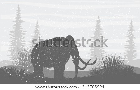 Silhouette. Prehistoric mammoth on a snowy plain. Snowfall. Coniferous trees ate on the horizon. Extinct animals. Realistic Vector Landscape