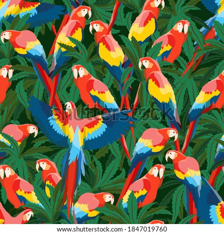 Seamless pattern with large red-blue macaw parrots. Parrots sitting in tropical leaves and flying. Wildlife of the jungle and tropical forests of the Amazon. Realistic trendy vector