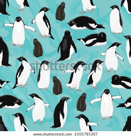 Seamless pattern with Adélie penguins. Males, females and chicks of Adélie penguins. Birds of the South Pole. Realistic pattern for textiles and packaging
