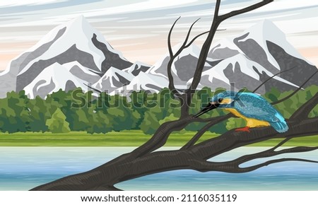 A kingfisher sits on a branch of a tree. River bank and mountains with snow-capped peaks. Realistic vector mountain landscape