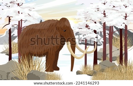 Mammoth stands in a mountain valley. Prehistoric animals and plants. ice age. Extinct animals of Siberia, Eurasia and North America. Realistic Vector Vertical Landscape