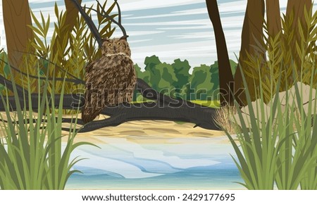 Eagle owl sits on a fallen tree on the river bank. Wild birds of the forest. Realistic vector landscape