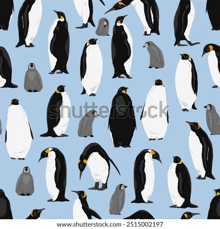 Seamless pattern with emperor penguins and their chicks. Emperor penguins Aptenodytes forsteri walk and stand. Realistic vector endemic animals of Antarctica