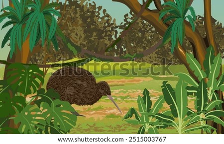 Kiwi bird walks through the jungle. Wildlife of New Zealand. Realistic vector landscape