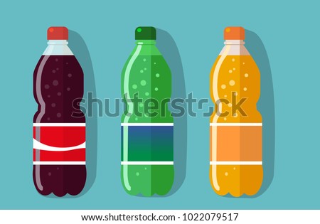 set of pictures plastic bottle of coca cola, sprite, fantasy (orange soda). Flat vector illustration.