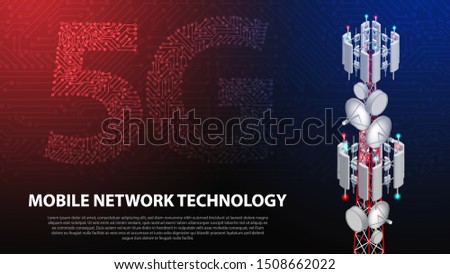 Mobile network technology 5G communication tower for wireless hi-speed internet with circuit board is background. LTE aerial network connection, fastest internet technology in future