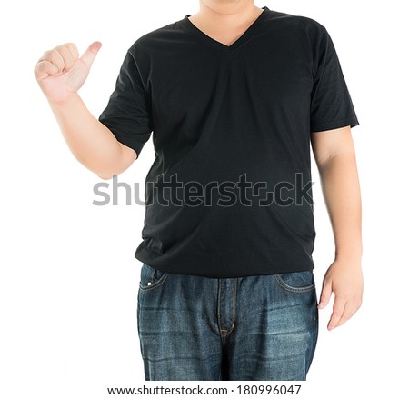 close up of man in blank t-shirt pointing at himself on isolated white background