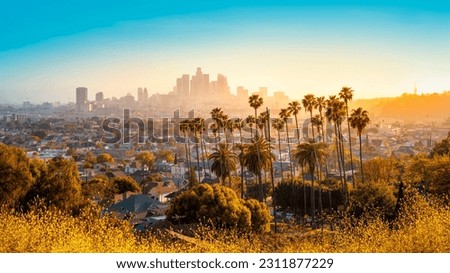 the skyline of los angeles during sunset