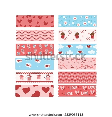 Cute Valentine’s day washi tape strips stickers. Stationary scrapbooking set. Valentines Day decoration and washi tapes. Vector illustration. 