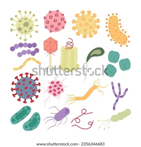 Bacteria and virus icons. Disease-causing bacterias, viruses and microbes. Color germs, bacterium types vector illustration. 