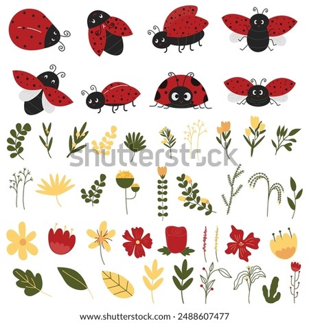 Cute Cartoon Ladybug With Flowers Element Illustration. Cute Bugs Element Collections