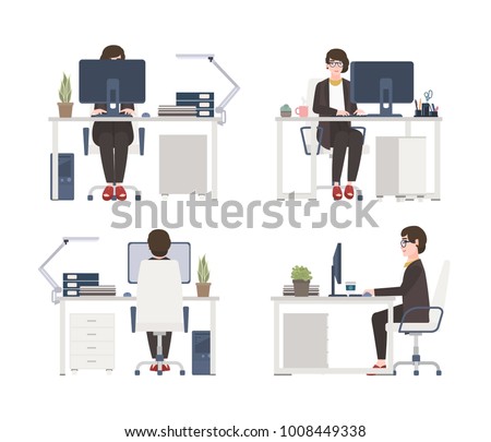 Woman working on computer. Female office worker, secretary or assistant sitting in chair at desk. Flat cartoon character isolated on white background. Front, side and back views. Vector illustration.