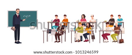 Pupils sitting at desks in classroom, demonstrating good behavior and attentively listening to teacher standing beside chalkboard and explaining lesson. Flat cartoon characters. Vector illustration. 商業照片 © 
