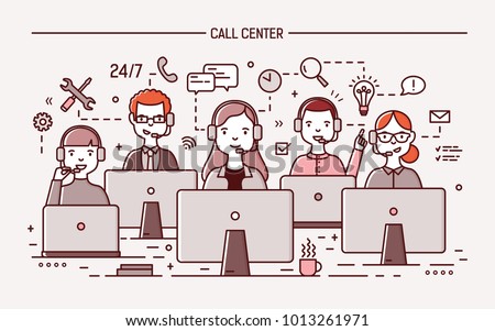 Smiling men and women wearing headphones with microphones sitting at computer displays and answering question. 24 hour call center, technical support service. Vector illustration in line art style.