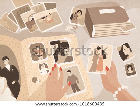 Woman's hands holding old photographs, sorting them out and attaching to pages of photographic album or photo book. Keeping in order pictures with family memories. Colored cartoon vector illustration. ストックフォト © 