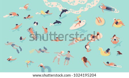 People in sea or ocean performing various activities. Men and women swimming, diving, surfing, lying on floating air mattress and sunbathing, playing with ball. Flat cartoon vector illustration.