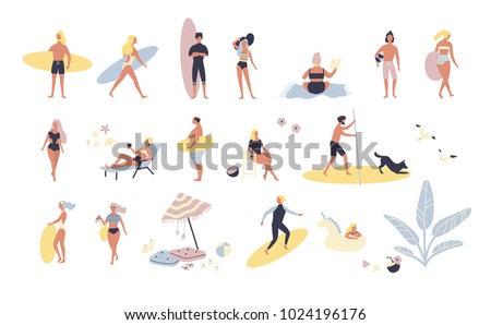 Collection of people performing summer outdoor activities at beach - sunbathing, walking, carrying surfboard, swimming in sea. Cartoon characters isolated on white background. Vector illustration.