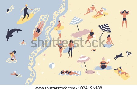 People at beach or seashore relaxing and performing leisure outdoor activities - sunbathing, reading books, talking, walking, surfing, swimming in sea or ocean. Flat cartoon vector illustration.