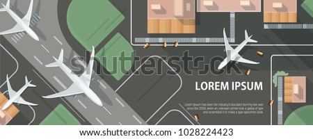 Horizontal banner with airplane taxiing and preparing for take off on runway, top view. Passenger aircraft beside airport building and place for text. Colorful vector illustration in flat style.