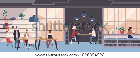 Smiling young people working on laptops in co-working area. Male and female freelance workers sitting at computers in modern open space or shared workplace. Colorful vector illustration in flat style.