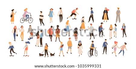 Crowd of people performing summer outdoor activities - walking dogs, riding bicycle, skateboarding. Group of male and female flat cartoon characters isolated on white background. Vector illustration. 商業照片 © 