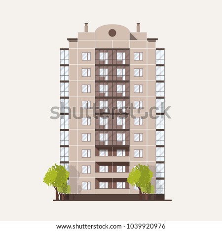 Panel building with multiple floors with balconies and pair of trees growing beside. Multi story living house isolated on white background. Prefab architecture and construction. Vector illustration.