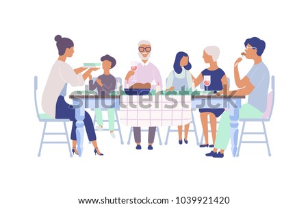 People sitting at table decorated with candles, eating food, drinking wine and talking to each other. Family holiday dinner. Flat cartoon characters isolated on white background. Vector illustration.