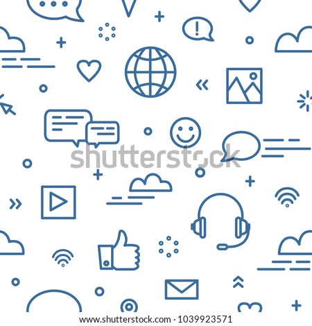 Seamless pattern with social media and networking, global internet communication, chatting and instant messaging symbols on white background. Vector illustration in line art style for wallpaper