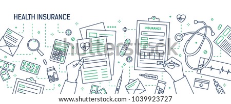Horizontal banner with hands filling out form of health insurance surrounded by dollar bills and coins, documents, medicines drawn with contour lines. Monochrome vector illustration in lineart style.