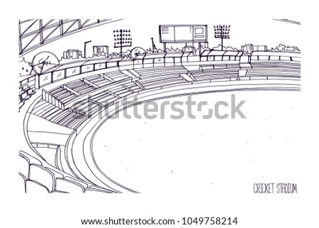 Freehand sketch of cricket stadium with rows of seats, electronic scoreboard and grassy field or lawn. Sports arena for British team bat-and-ball game. Monochrome hand drawn vector illustration