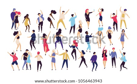 Crowd of young men and women dressed in trendy clothes dancing at club or music concert. Large group of male and female cartoon characters having fun at party. Flat colorful vector illustration.