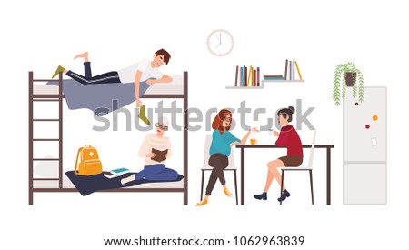 Male and female students spending time in college dormitory room. Young men and women drinking coffee, talking, preparing for exam in university residential area. Flat cartoon vector illustration.