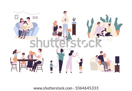 Family members spending time together at home. Mother, father and children reading book, decorating house, watching TV. Cute cartoon characters isolated on white background. Flat vector illustration.