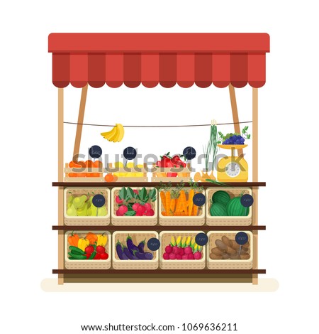 Greengrocer's shop with awning, marketplace or counter with fruits, vegetables and price tags. Place for selling food products on local farmers' market. Flat cartoon colorful vector illustration.