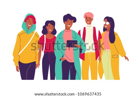 Happy friends watching video together. Group of young smiling men and women dressed in trendy clothes looking at tablet pc screen. Bright colored vector illustration in modern flat cartoon style.
