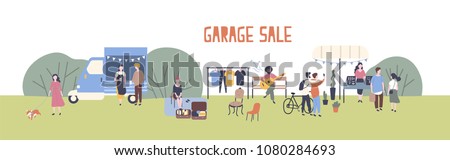 Horizontal web banner template for garage sale or outdoor festival with food van, men and women buying and selling goods at park. Flat cartoon colorful vector illustration for event advertisement